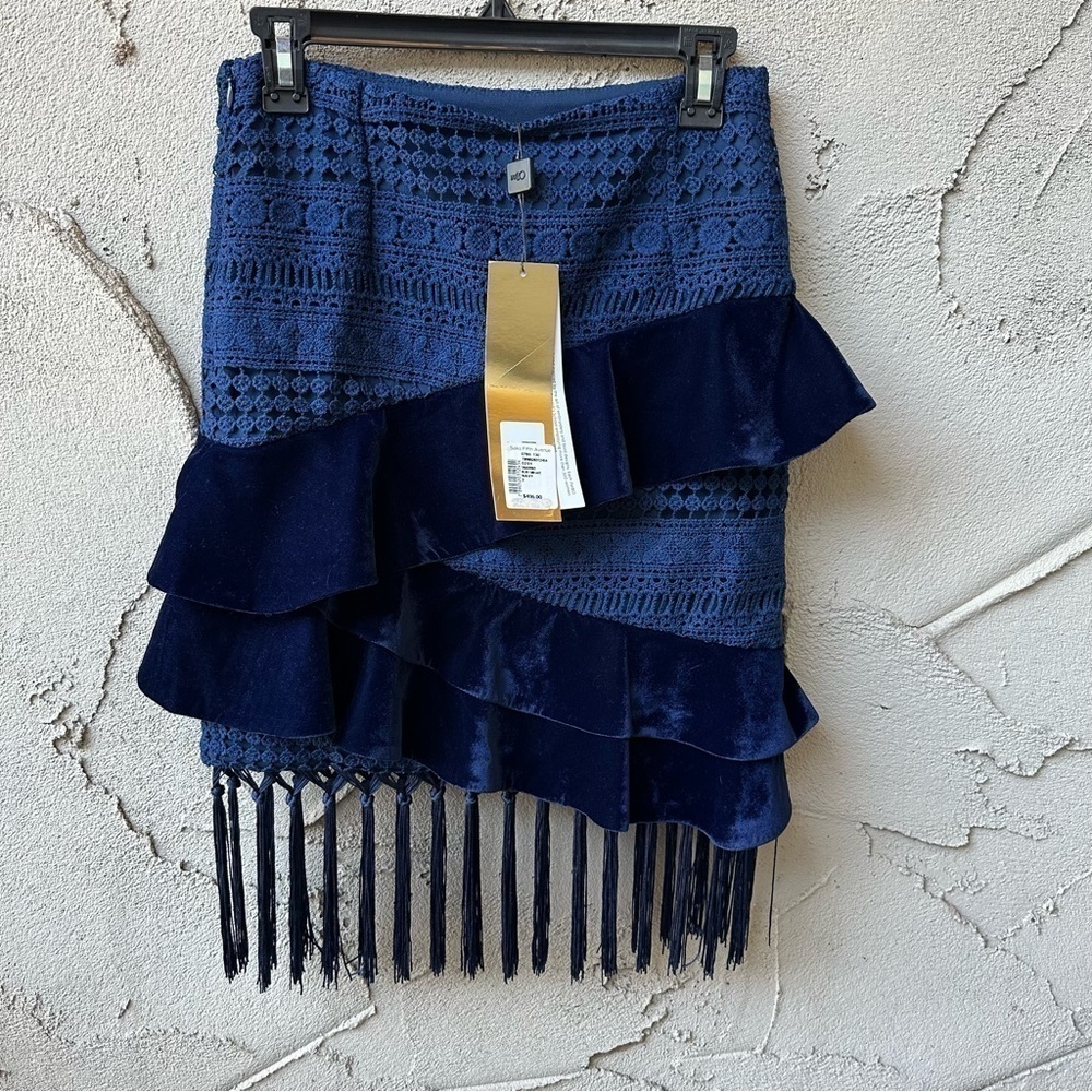 PatBO Velvet & Lace Fringed Mini Skirt in navy size 2 - Picture 9 of 11